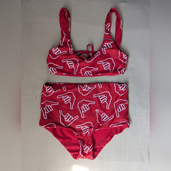 Red Bikini Set with Hand Sign Pattern - Picture 1 of 3